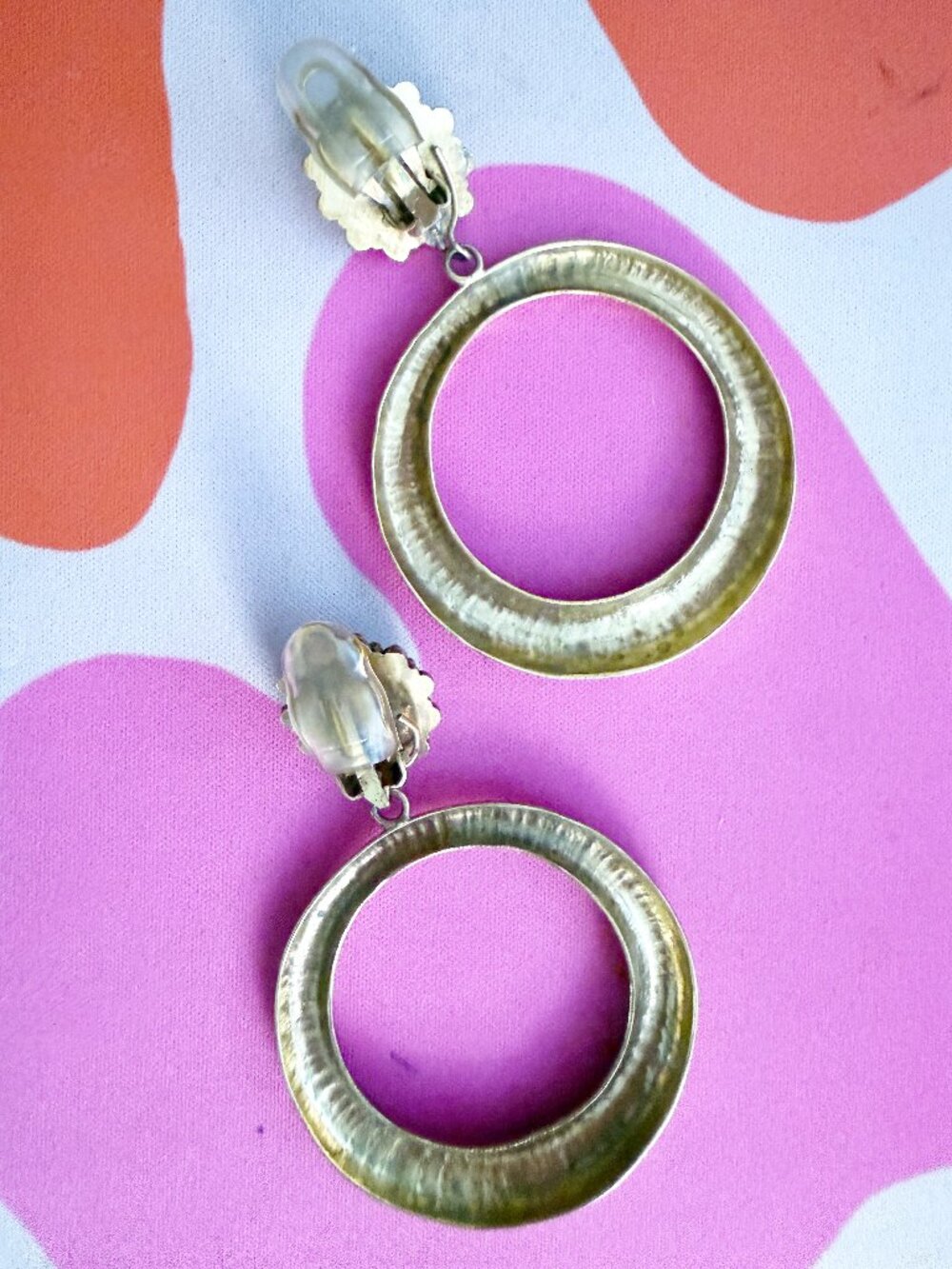 Oversized Clip-On Gold Tone Turquoise Fashion Earrings - Picture 3 of 5